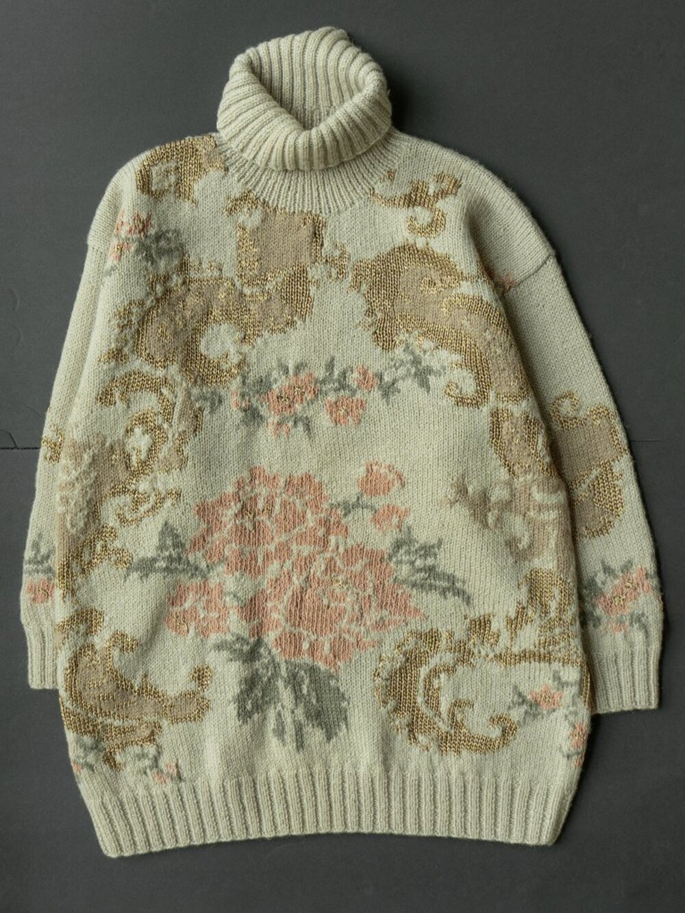 SAKS Vintage Oversized Sweater Beige Granny Core Slouchy Floral Wool Turtleneck